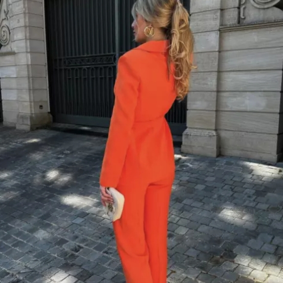ZARA WOMEN NEW BELTED TUXEDO COLLAR BLAZER JACKET ORANGE - Picture 5 of 6